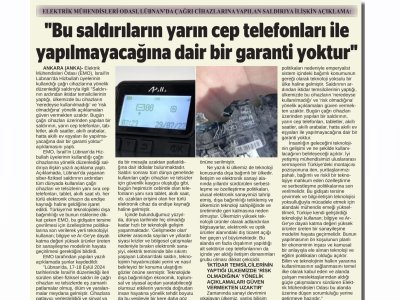 EMO: `SALDIRININ, CEP TELEFONLARIYLA DA YAPILMAYACAĞININ GARANTİSİ YOK` (24 SAAT GAZETESİ)