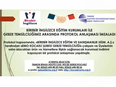BİREBİR İNGİLİZCE EĞİTİM KURUMLARI İLE GEBZE TEMSİLCİLİĞİMİZ ARASINDA PROTOKOL ANLAŞMASI İMZALADI