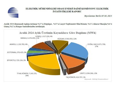 TÜRKİYE ELEKTRİK ENERJİSİ İSTATİSTİKLERİ ARALIK 2024 YAYINLANDI
