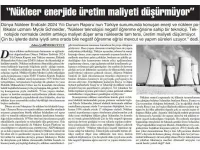 NÜKLEER ENERJİDE ÜRETİM MALİYETİ DÜŞÜRMÜYOR (BAŞKENT GAZETESİ, 15.02.2025)