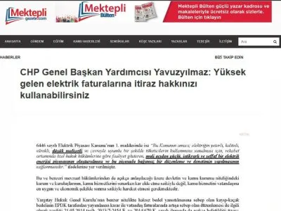 CHP GENEL BAŞKAN YARDIMCISI YAVUZYILMAZ: YÜKSEK GELEN ELEKTRİK FATURALARINA İTİRAZ HAKKINIZI KULLANABİLİRSİNİZ (MEKTEPLİGAZETE.COM, 22.02.2025)