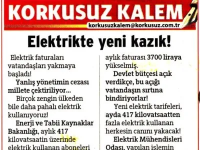 ELEKTRİKTE YENİ KAZIK! (KORKUSUZ GAZETESİ, 12.03.2025)