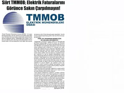 SİİRT TMMOB; ELEKTRİK FATURALARINI GÖRÜNCE SAKIN ÇARPILMAYIN!