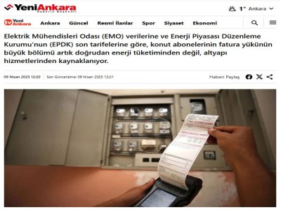600 LİRALIK ELEKTRİK FATURASININ SADECE 113 TL`Sİ ENERJİ BEDELİ (YENİANKARA.COM, 09.04.2025)