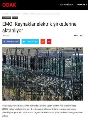 EMO: KAYNAKLAR ELEKTRİK ŞİRKETLERİNE AKTARILIYOR (ODAKDERGİSİ2.COM, 06.04.2025)