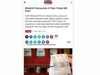 ELEKTRİK FATURASINDA 4 YILDA YÜZDE 642 ZAM! (GERÇEKHABERCİ.COM, 29.04.2025)