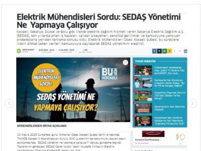 BUGÜN KOCAELİ GAZETESİ : ELEKTRİK MÜHENDİSLERİ SORDU: SEDAŞ YÖNETİMİNE YAPMAYA ÇALIŞIYOR