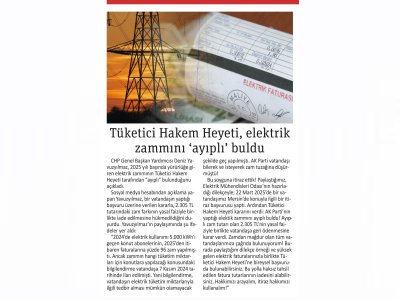 TÜKETİCİ HAKEM HEYETİ, ELEKTRİK ZAMMINI `AYIPLI` BULDU (GAZETE PENCERE, 05.06.2025)