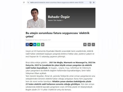 BU ATEŞİN SORUMLUSU FATURA SOYGUNCUSU ELEKTRİK ÇETESİ (BAHADIR ÖZGÜR, HALKTV.COM.TR, 03.07.2025)