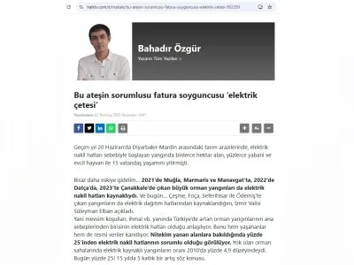BU ATEŞİN SORUMLUSU FATURA SOYGUNCUSU ELEKTRİK ÇETESİ (BAHADIR ÖZGÜR, HALKTV.COM.TR, 03.07.2025)