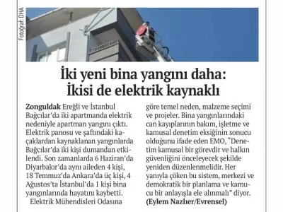 İKİ BİNADA YANGIN: YİNE ELEKTRİK KAYNAKLI (EVRENSEL GAZETESİ, 11.08.2025)
