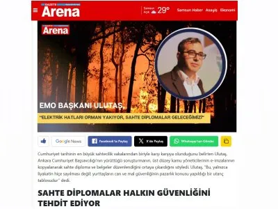 EMO BAŞKANI ULUTAŞ, `ELEKTRİK HATLARI ORMAN YAKIYOR, SAHTE DİPLOMALAR GELECEĞİMİZİ` (GAZETEARENA.COM, 09.08.2025)