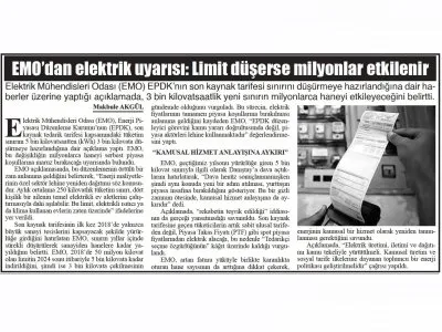 EMO`DAN ELEKTRİK UYARISI: LİMİT DÜŞERSE MİLYONLAR ETKİLENİR (BAŞKENT GAZETESİ, 09.10.2025)