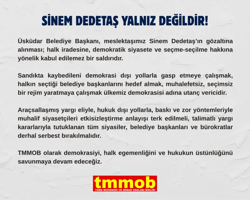 ÜSKÜDAR BELEDİYE BAŞKANI VE MESLEKTAŞIMIZ SİNEM DEDETAŞ SERBEST BIRAKILMALIDIR!